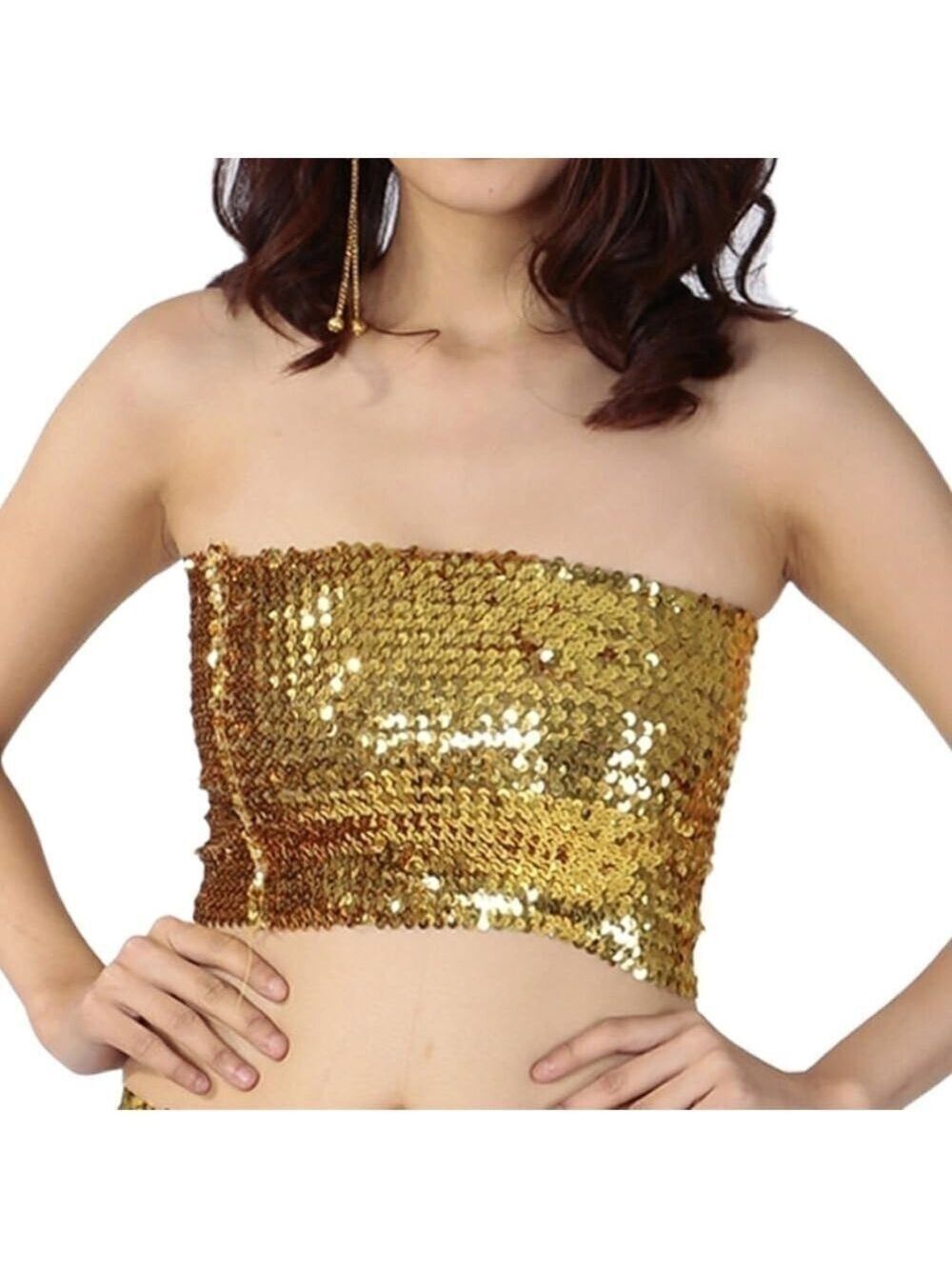 Women's Sequin Tube Top Shimmer Sleeveless Crop Top Elastic Shiny Tank Top M